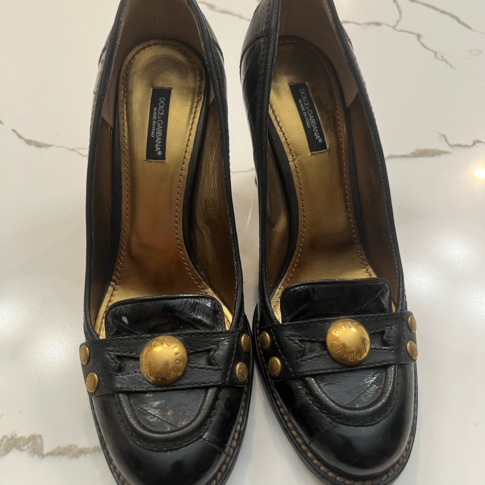 Dolce & Gabbana Black Flats with Gold Accents, Size 38.5